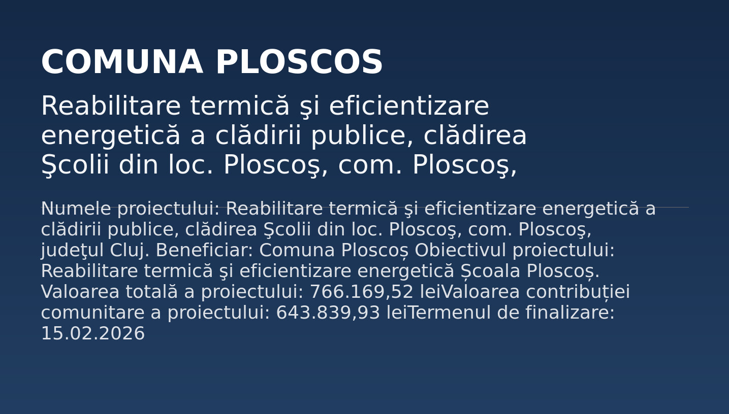 Anunţ privind Reabilitarea termică şi eficientizare energetică a clădirii publice, clădirea Şcolii din loc. Ploscoş, com. Ploscoş, judeţul Cluj