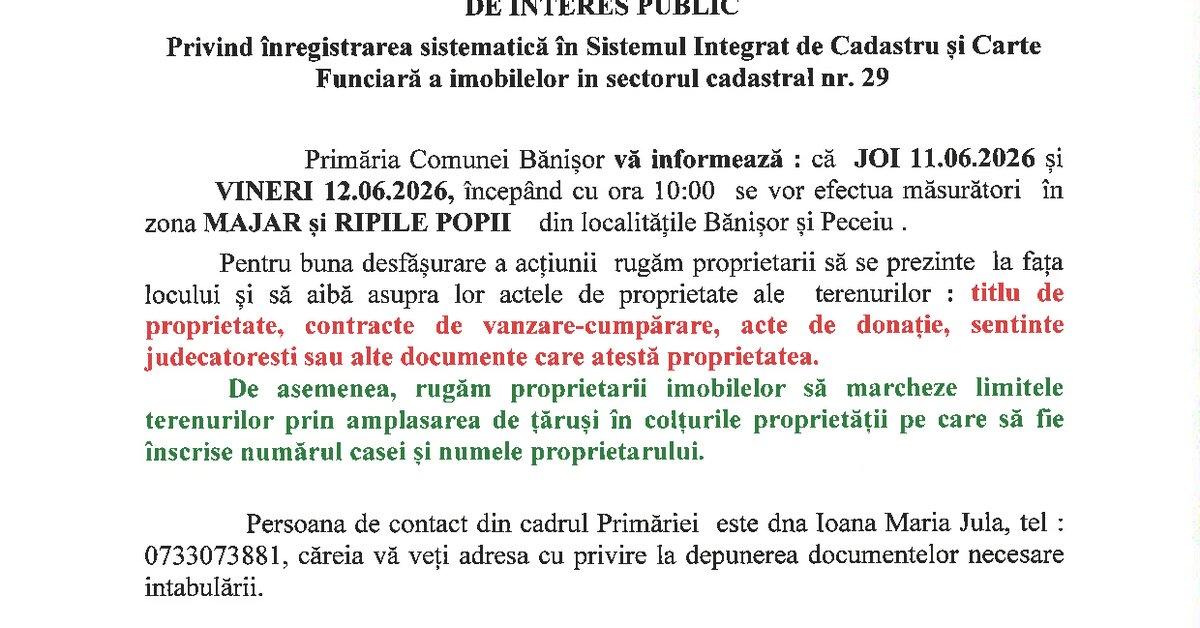 ANUNȚ cadastru sistematic