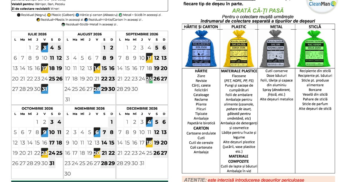Colectare deșeuri iulie – decembrie 2026