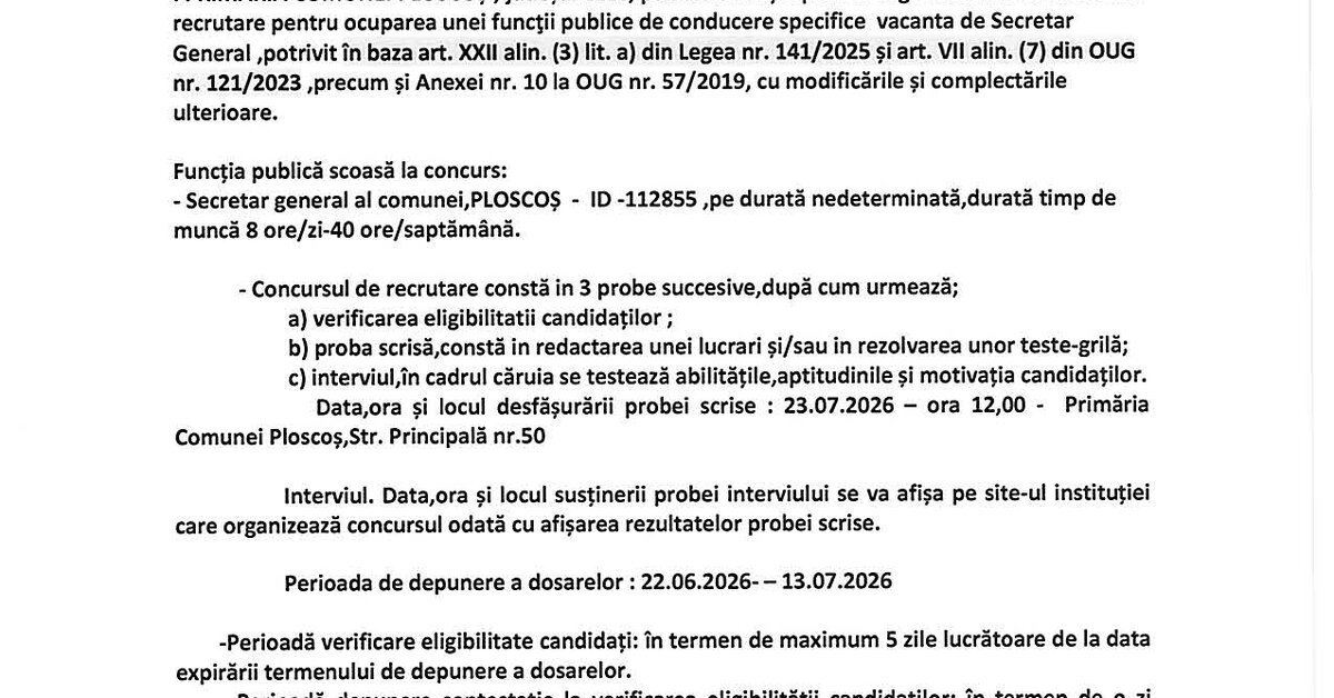 Anunț organizare concurs secretar general Primăria Ploscoș