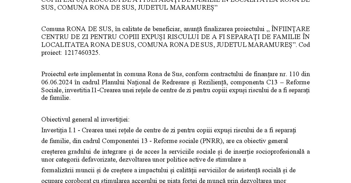 Comunicat de presă ,,PNRR: Fonduri pentru Romania modernă si reformată!’’ – Rona de Sus