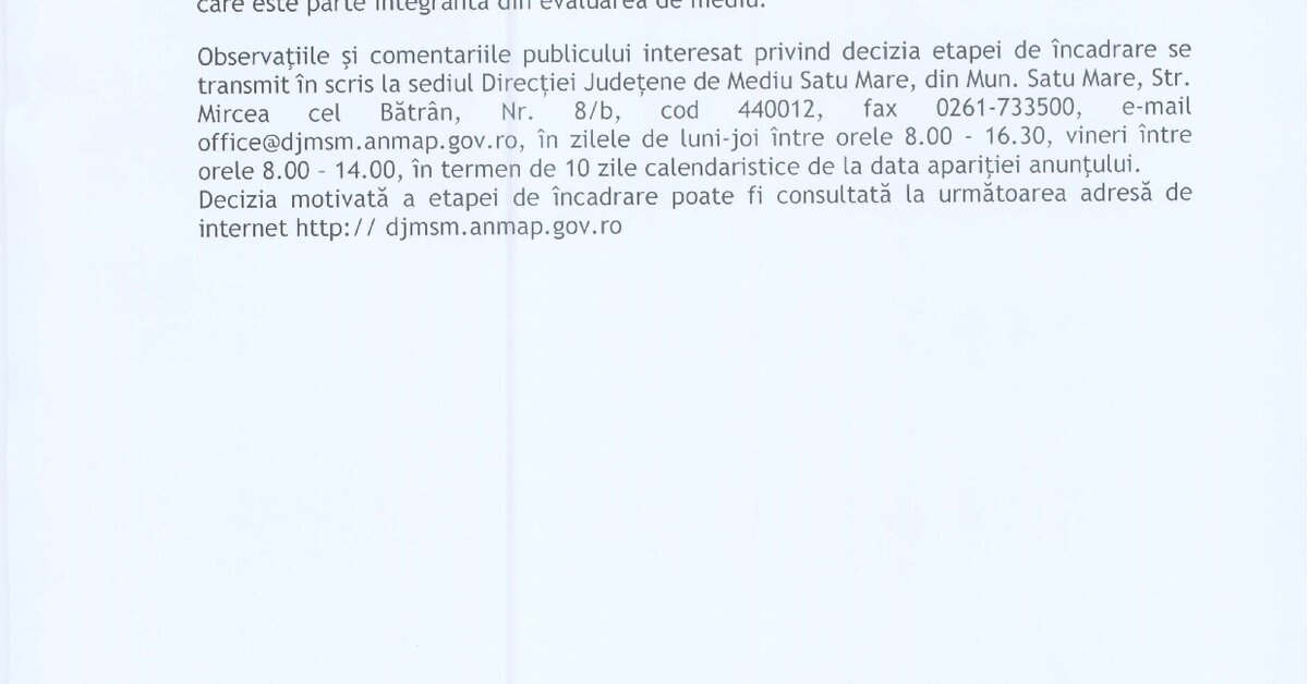 ANUNȚ – U.P. I Comuna Odoreu