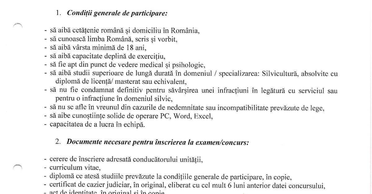 Ocolul Silvic Ardud R.A. organizează concurs de ocuparea a 2 posturi vacante de Inginer Silvic