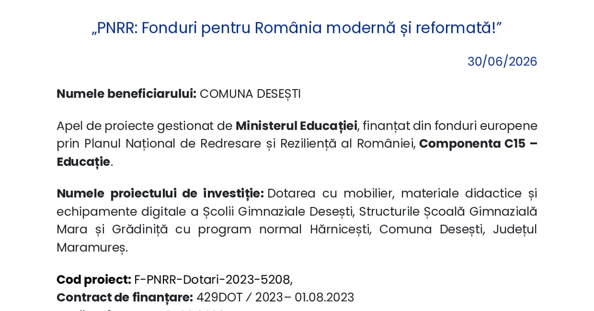 Comunicat de presă –Finalizare proiect PNRR, Componenta C15 – Educație