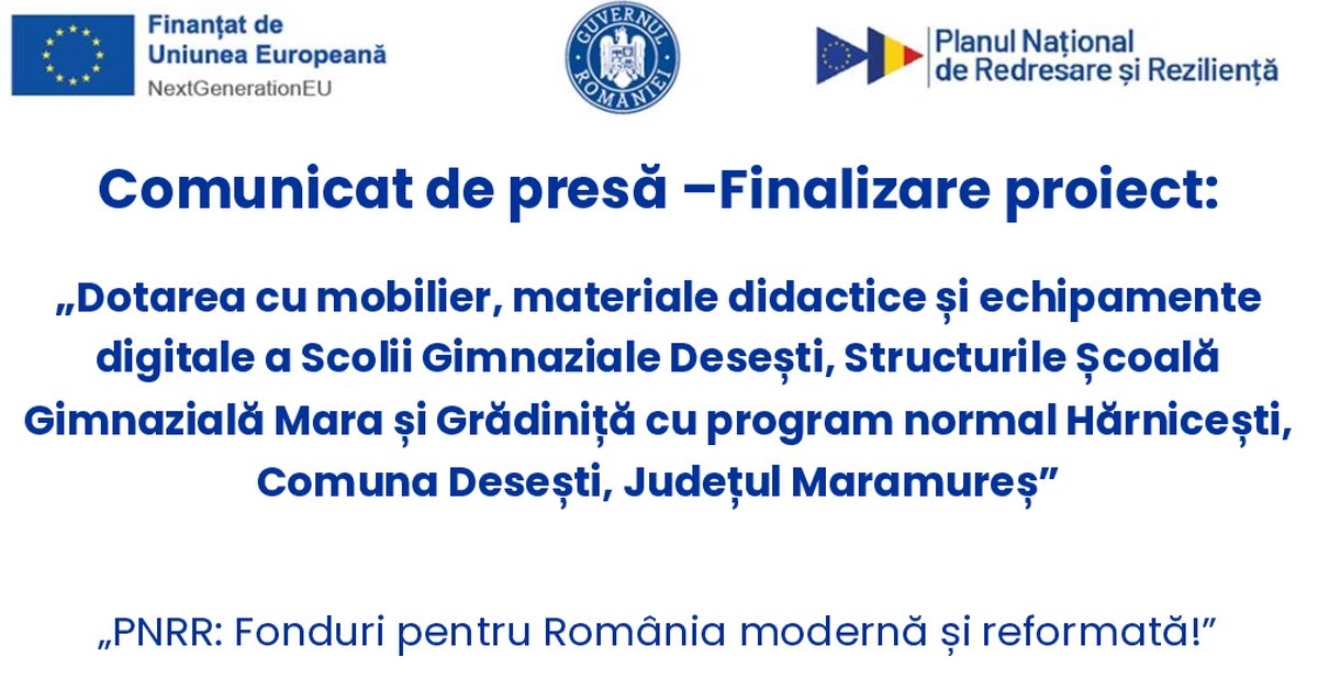 Comunicat de presă –Finalizare proiect PNRR, Componenta C15 – Educație
