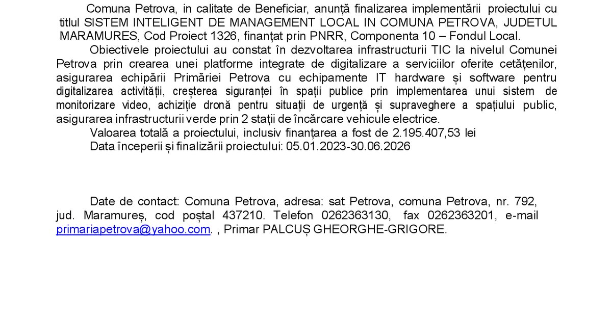 Anunț finalizare implementare proiect finanțat prin PNRR, Componenta 10 – Fondul local
