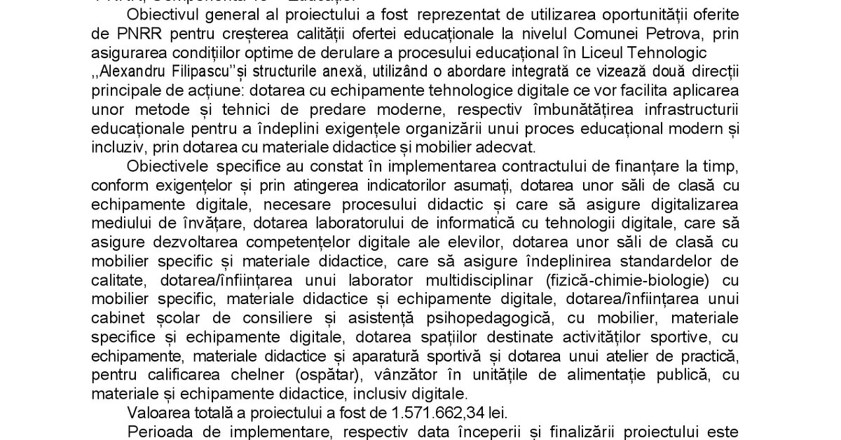 Anunț finalizare proiect finanțat prin PNRR, Componenta 15 – Educație