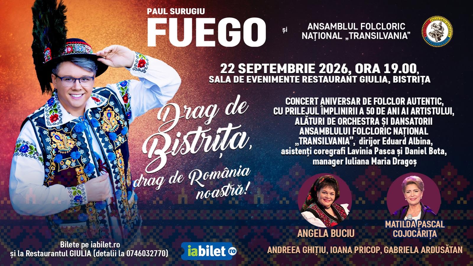 Ansamblul Folcloric Național „Transilvania” aduce la Bistrița magia folclorului autentic, alături de Fuego, marți 22 septembrie!