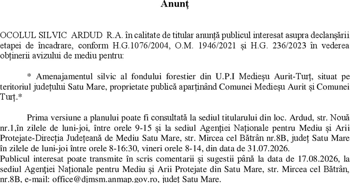 ANUNT -Declanșare etapă de încadrare – UP I Medieșu Aurit-Turț