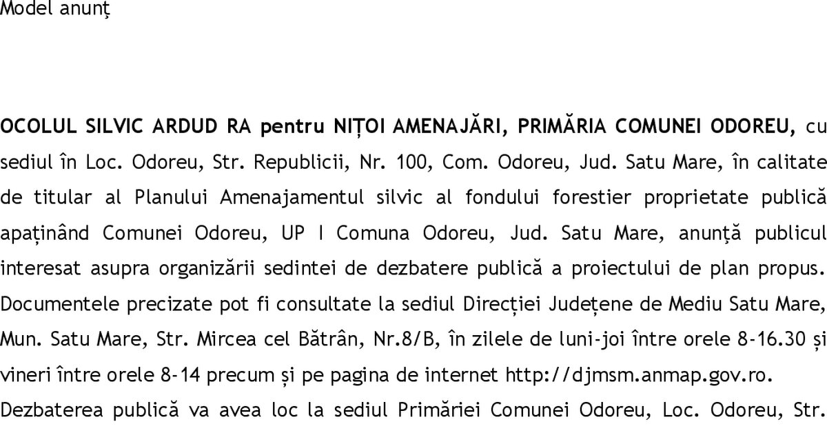 Anunț dezbatere publică – UP I Comuna Odoreu