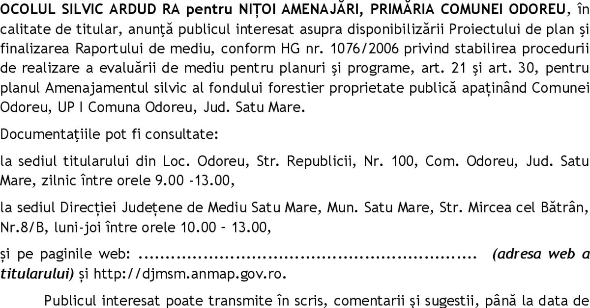Anunț disponibilizare plan – UP I Comuna Odoreu