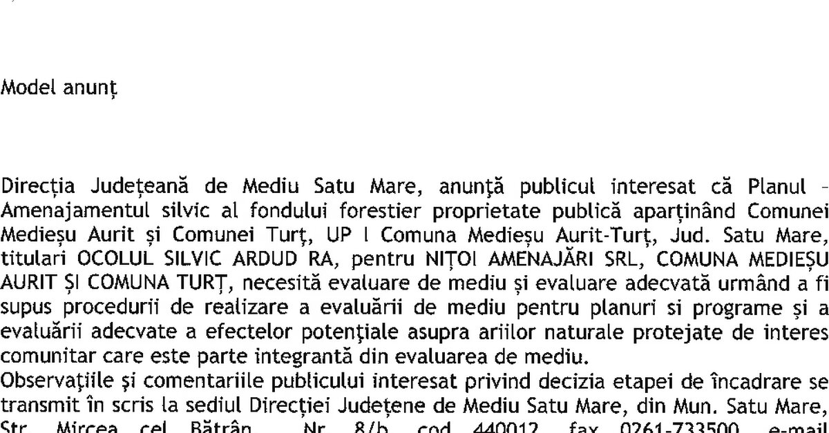 anunt – Decizie etapă de încadrare UP I Comuna Medieșu Aurit-Turț