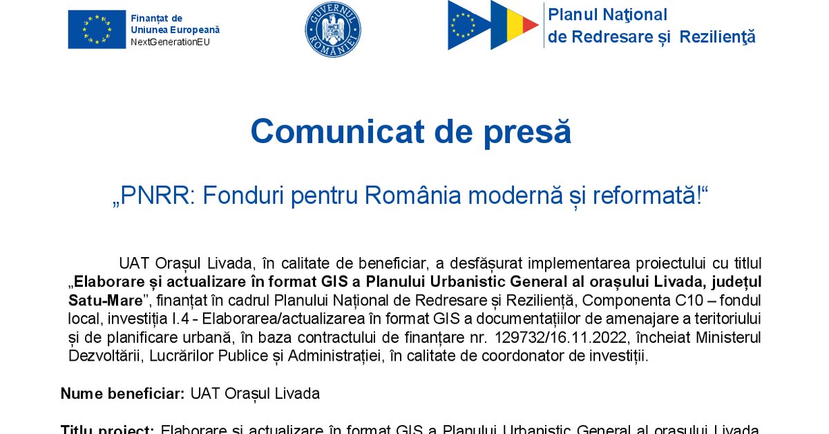 Comunicat de presă finalizare proiect PNRR/C10 – „Elaborare și actualizare în format GIS a Planului Urbanistic General al orașului Livada, județul Satu-Mare”,