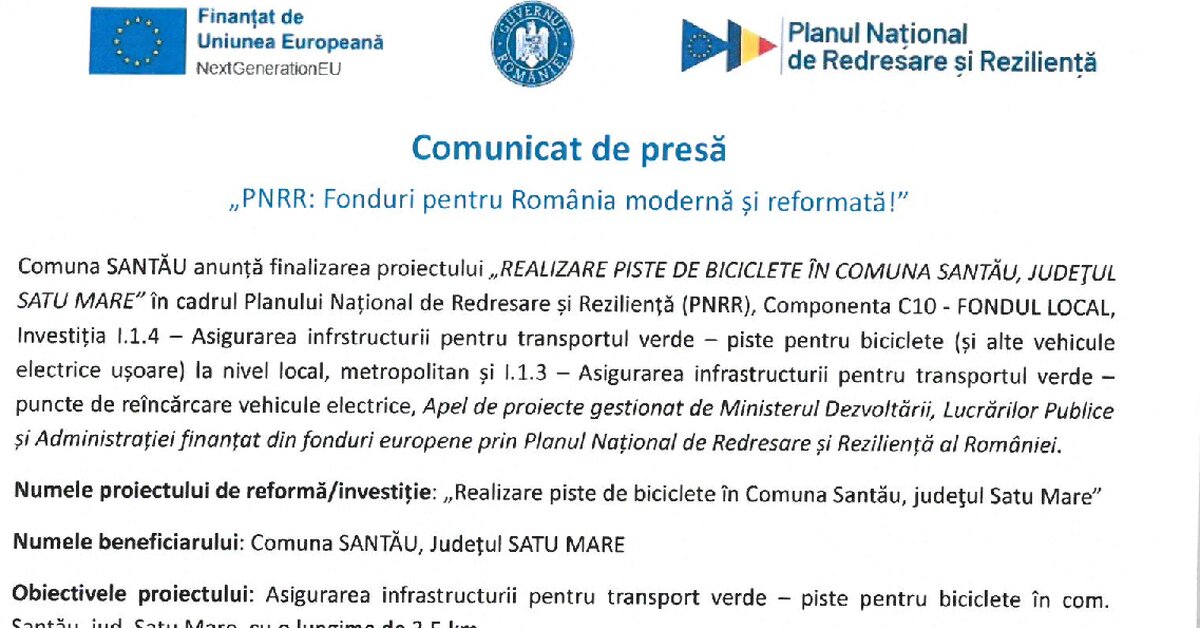 Anunt finalizare proiect – Realizare piste de biciclete in comuna Santau, judetul Satu Mare