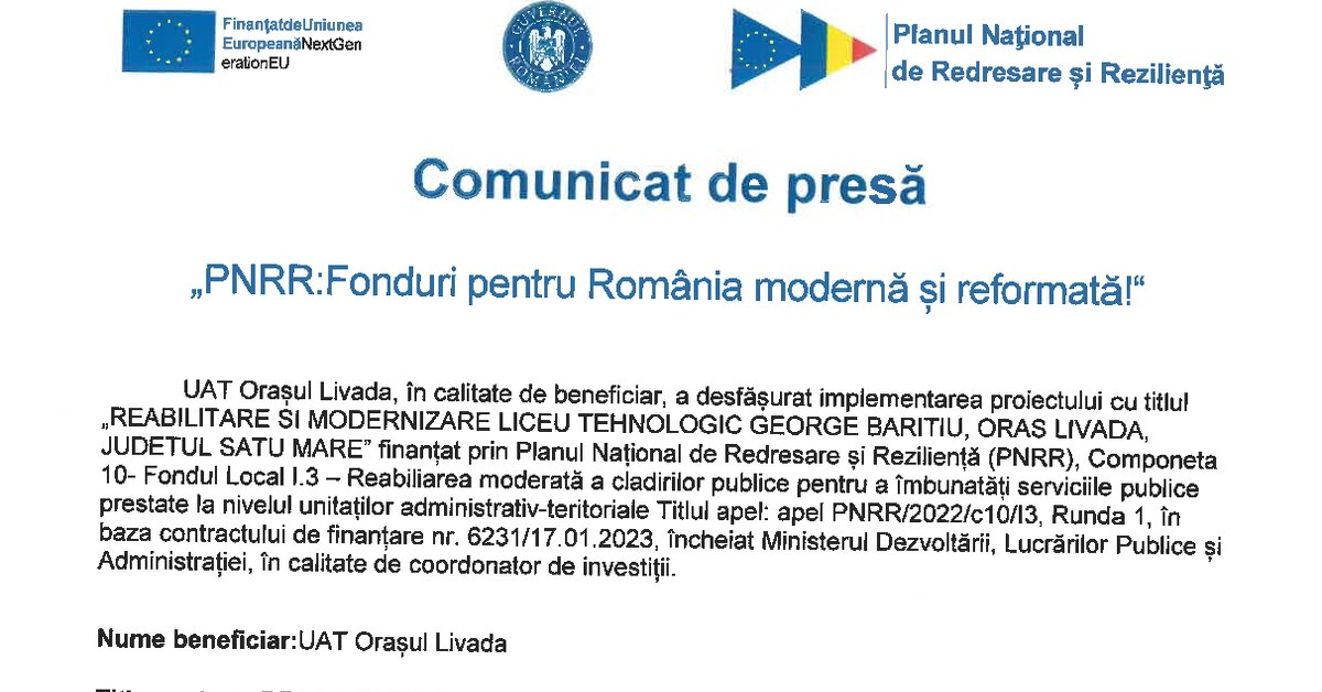 Comunicat de presa finalizare proiect PNRR/C10 – REABILITARE SI MODERNIZARE LICEU TEHNOLOGIC GEORGE BARITIU LIVADA