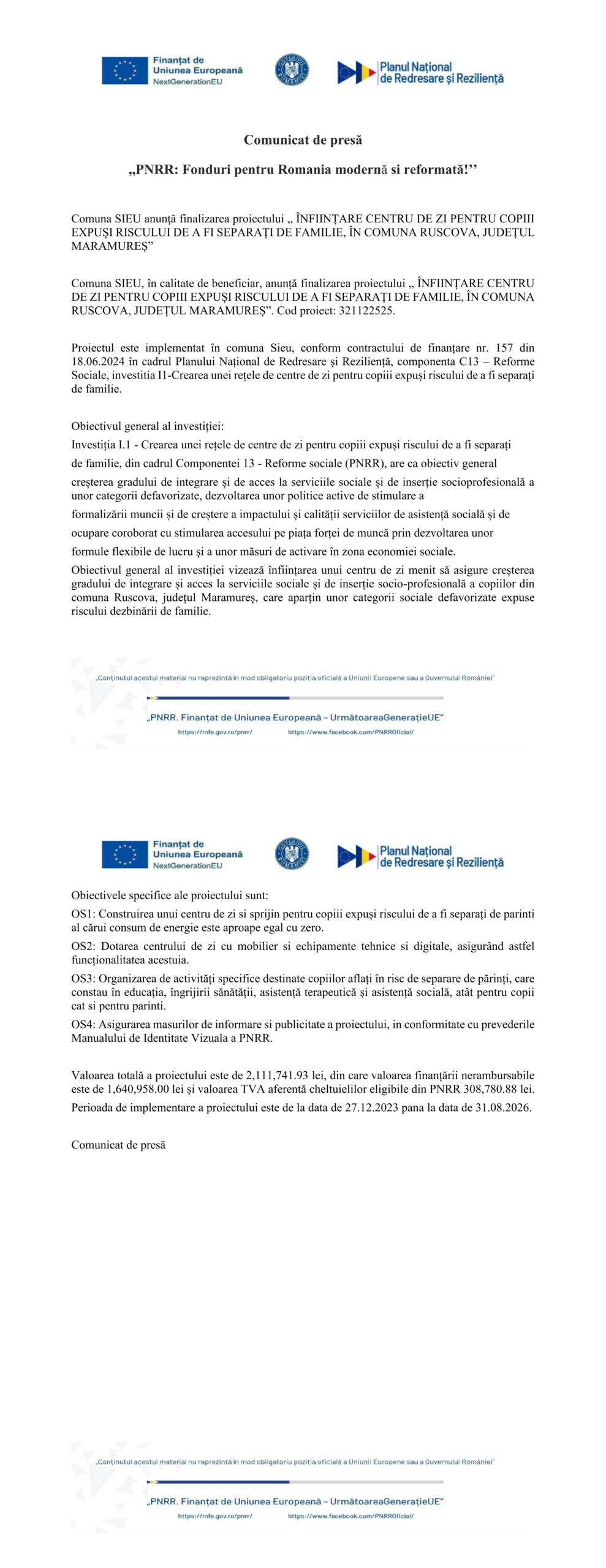 comunicat de presa finalizare proiect-centru de zi Ruscova