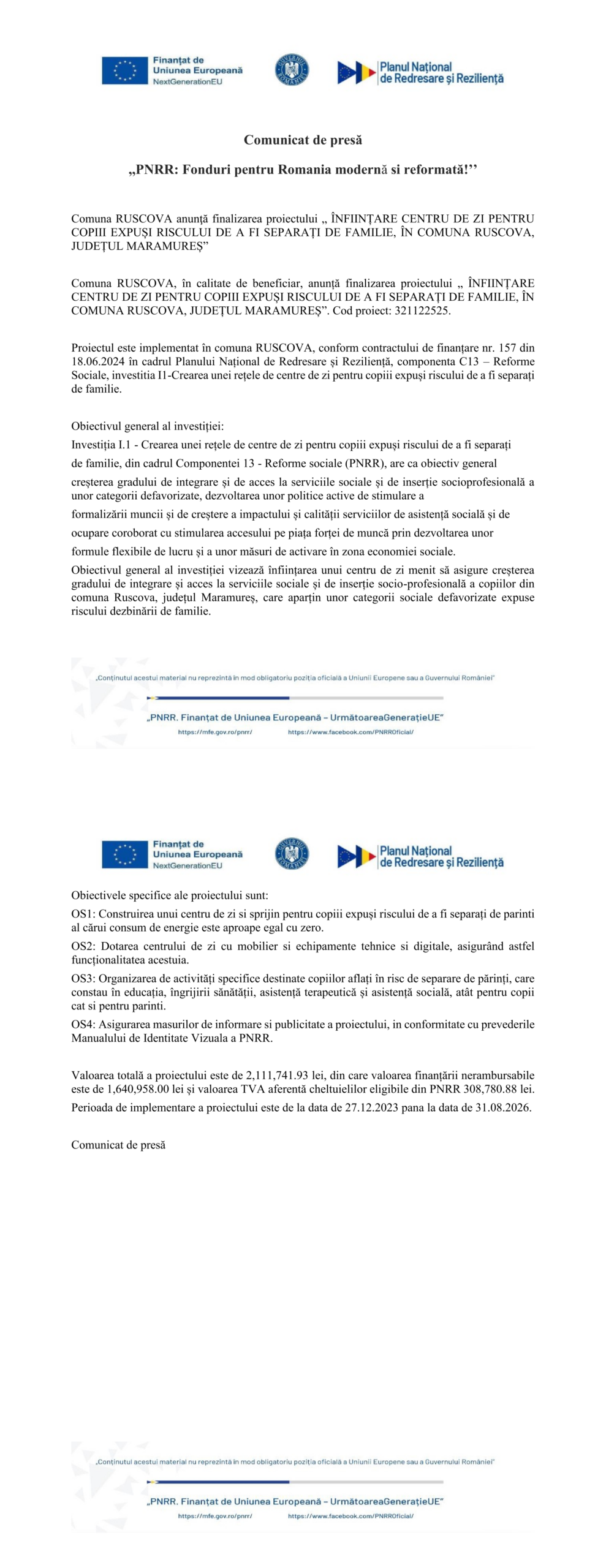 COMUNICAT DE PRESA- FINALIZARE PROIECT