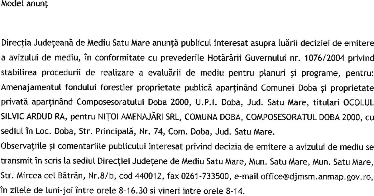 Anunț – emitere aviz mediu U.P. I Doba