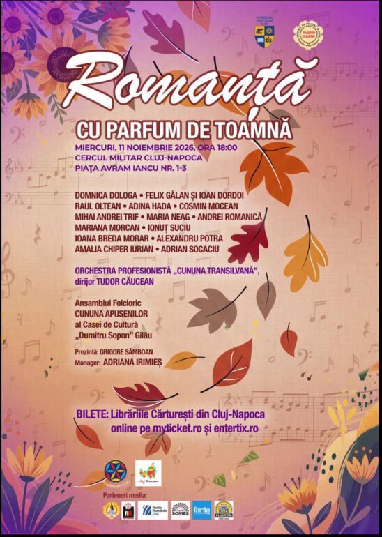 „Romanță cu parfum de toamnă”, o seară dedicată muzicii românești, la Cercul Militar din Cluj-Napoca, miercuri, 11 noiembrie!