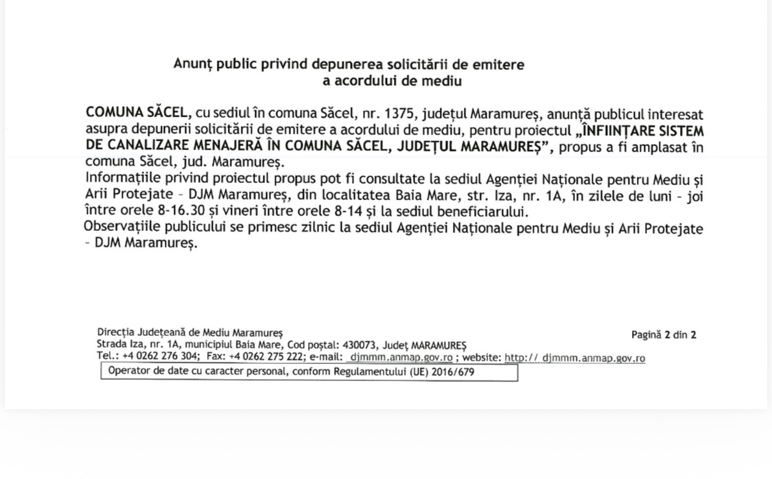 ANUNT PUBLIC PRIVIND DEPUNEREA SOLICITARII DE EMITERE A ACORDULUI DE MEDIU PENTRU CANALIZARE COMUNA SACEL