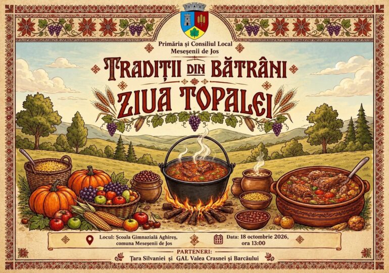 Comuna Meseșenii de Jos, județul Sălaj, readuce la viață gusturile și tradițiile de odinioară. „Ziua Topalei” îi adună pe iubitorii gastronomiei autentice la Aghireș, duminică, 18 octombrie!