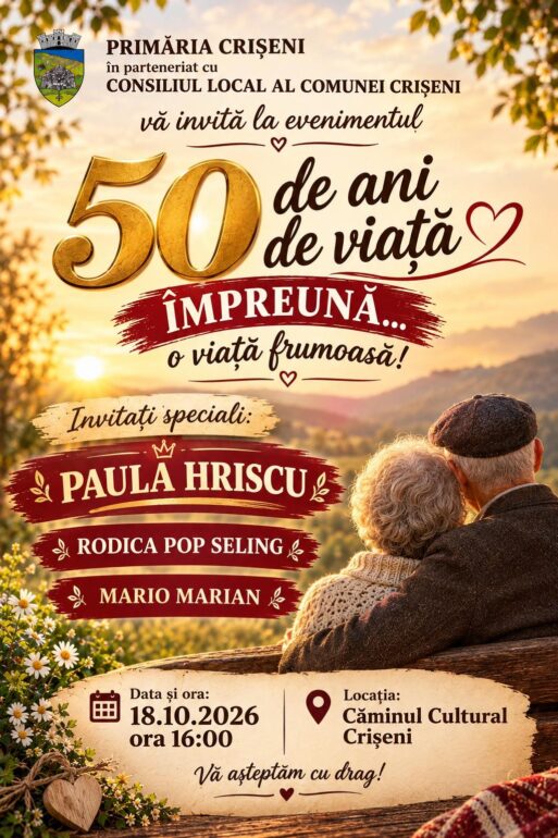 Primăria Crișeni, județul Sălaj, invită comunitatea la un eveniment dedicat iubirii și familiei: „50 de ani de viață împreună.....o viață frumoasă”