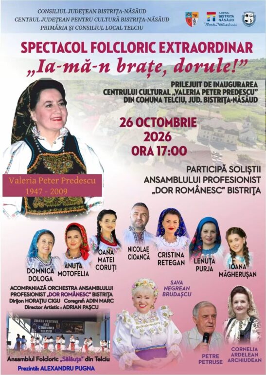 Comuna Telciu, județul Bistrița-Năsăud, își deschide porțile către cultură: spectacol folcloric extraordinar la inaugurarea Centrului Cultural „Valeria Peter Predescu”!