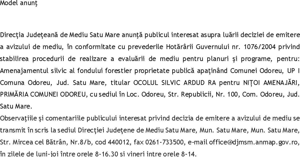 ANUNT UP I Comuna Odoreu -Emitere Aviz de Mediu