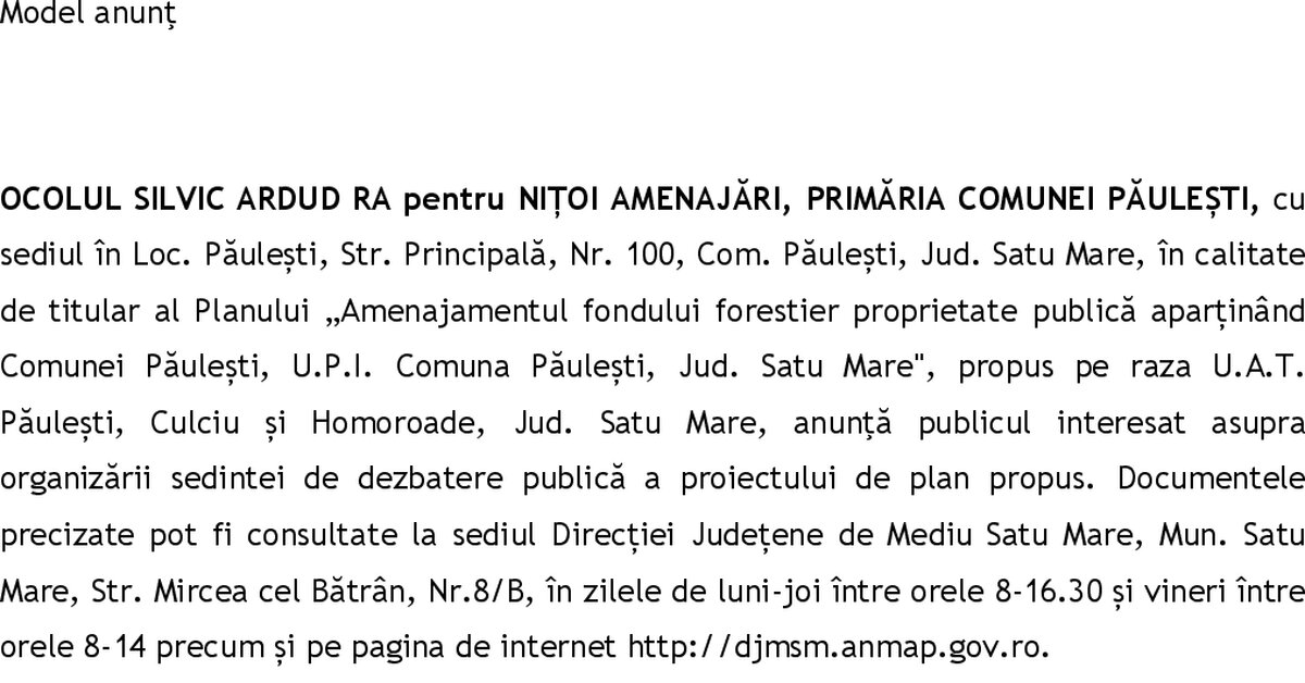 anunț dezbatere publică – UP I Comuna Păulești