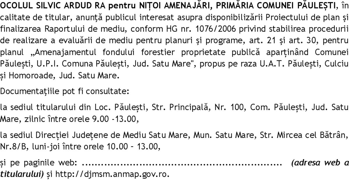 anunț disponibilizare plan – UP I Comuna Păulești