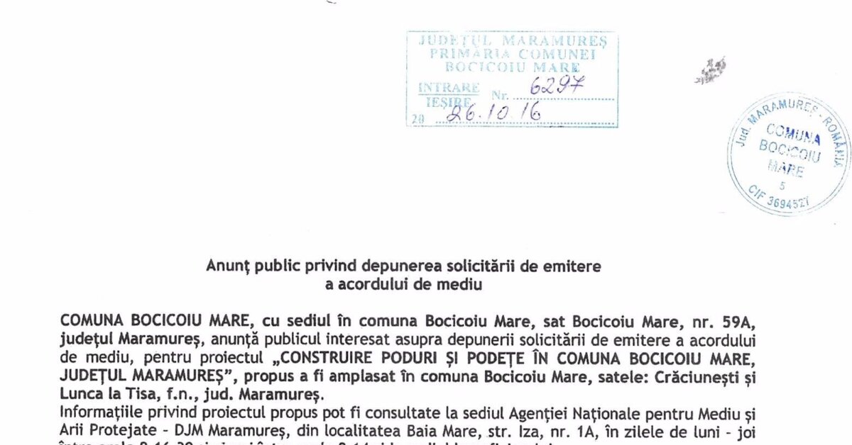 Anuntpublic privind depunerea solicitärii de emitere a acordului de mediu